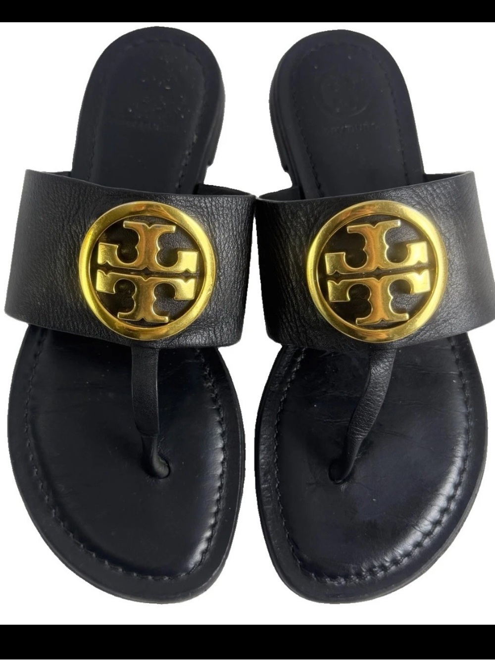 Tory Burch Benton Band US 5 Black Gold Logo Calf Leather Sandals Woman
